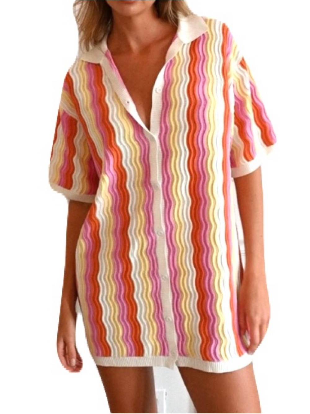 YLLW S/M Colorful Wavy Stripe Button Knit Felix Mini Dress Summer Festival Boho
